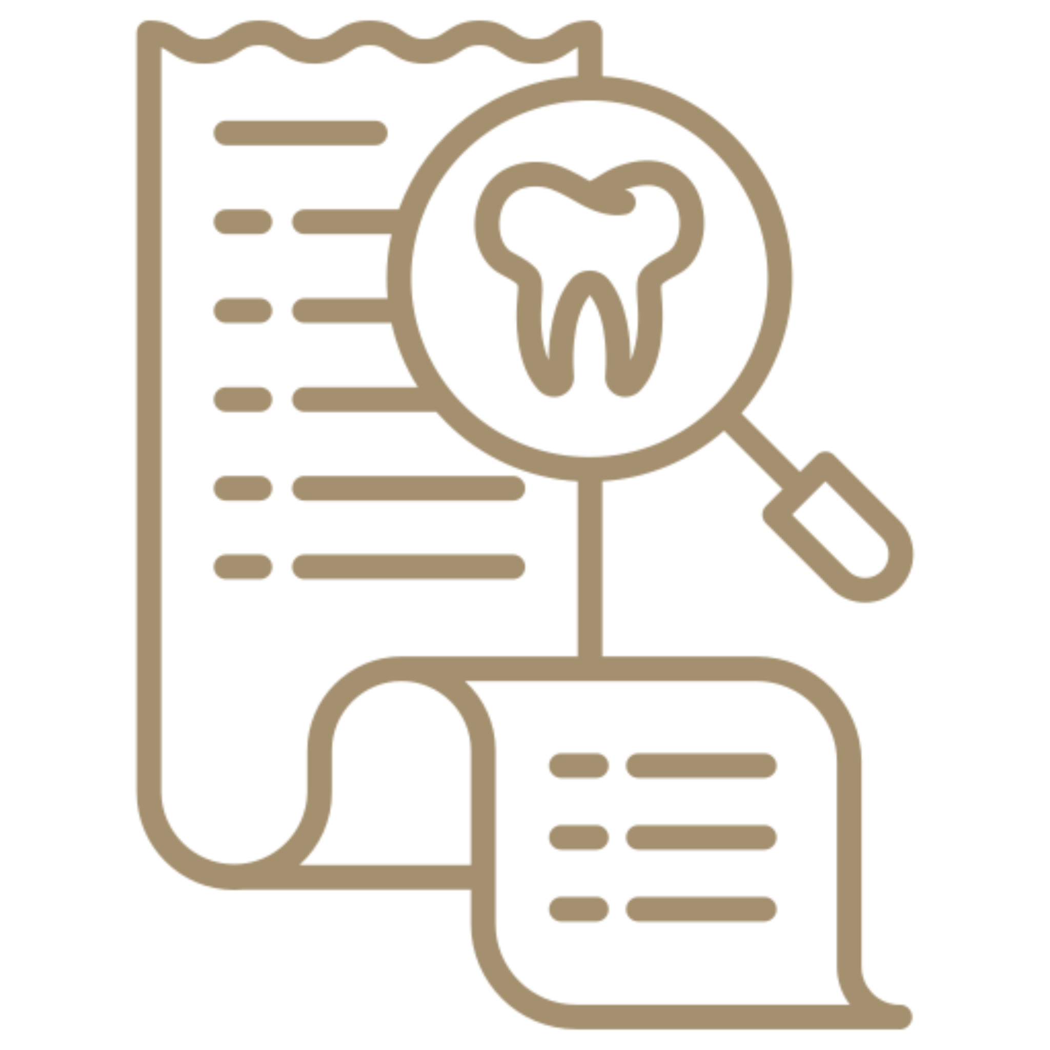 Dental report with magnifying glass icon.